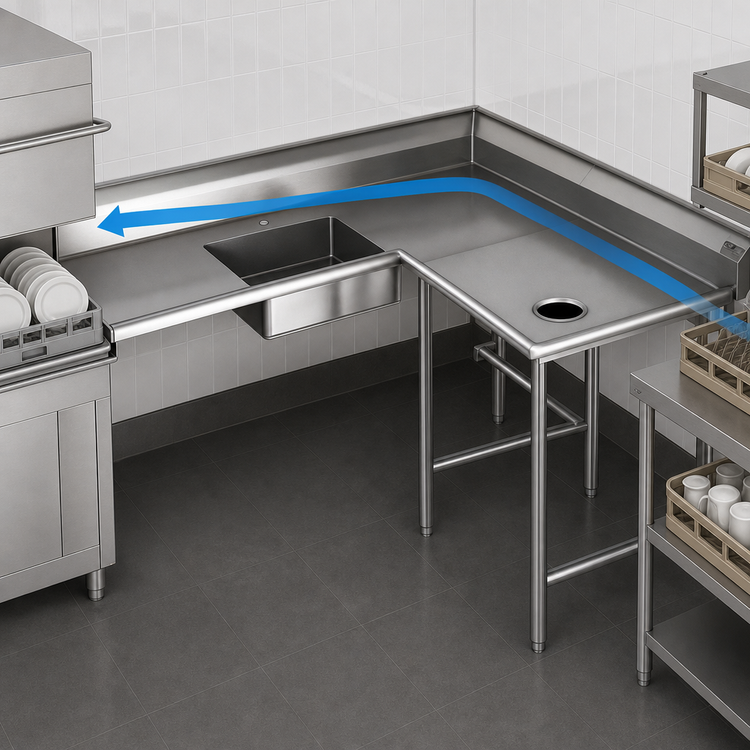 Product image #3 for Eagle Group Corner Soiled Dishtable, 96" Machine-to-Corner x 60" Corner-to-End, Right-to-Left Operation, 16-Gauge 304 Stainless Steel