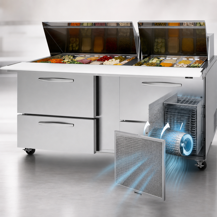 Product image #3 for Turbo Air PRO Series 72-5/8-Inch Wide Two-Section Mega Top Sandwich/Salad Prep Table with 4 Drawers, 30-Pan Top, and Self-Contained R290 Refrigeration