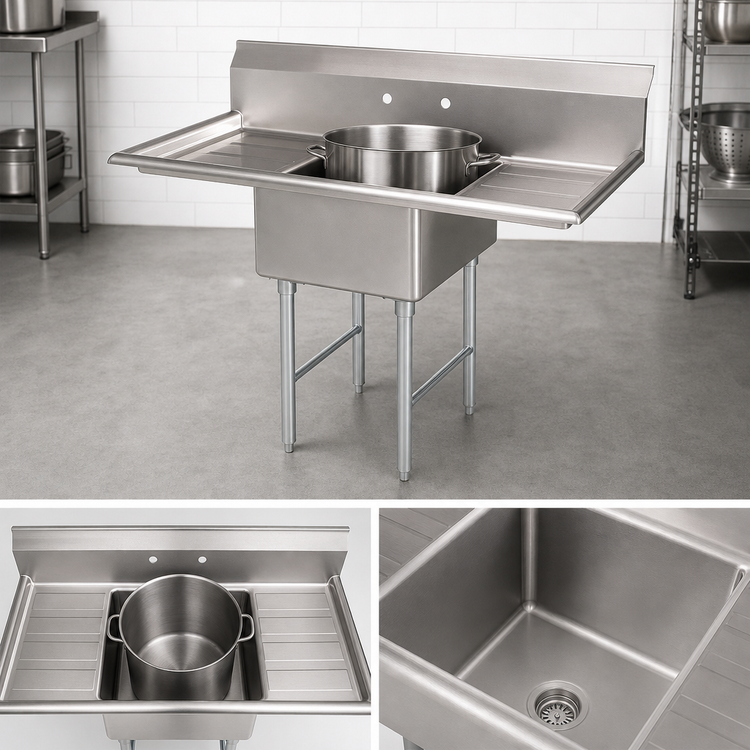 Product image #3 for Omcan USA 1-Compartment Commercial Pot Sink with Left and Right Drainboards, 18 x 18 x 11-Inch Bowl