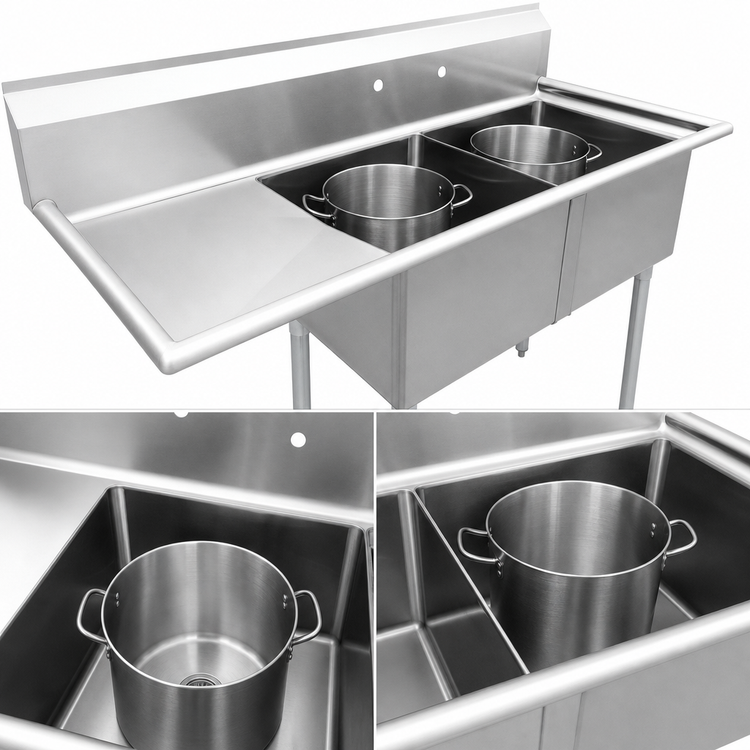 Product image #3 for Commercial Two-Compartment Pot Sink with Left Drainboard, 304 Stainless Steel