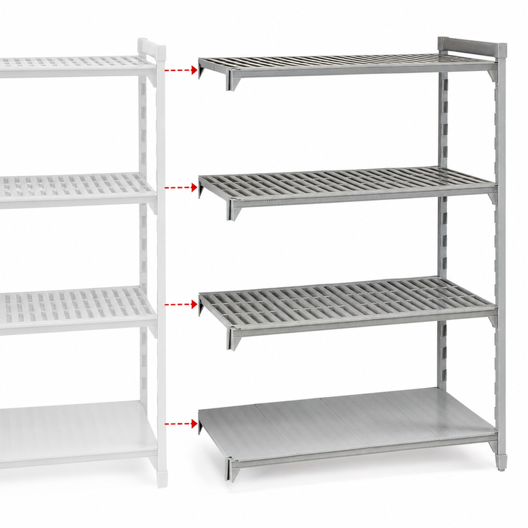 Product image #4 for Cambro Camshelving Premium 4-Tier Polymer Add-On Shelving Unit, 18-Inch Deep x 60-Inch Wide x 72-Inch High, Vented and Solid, Speckled Gray