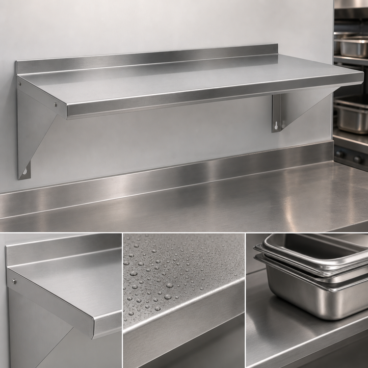 Product image #3 for BK Resources 96-Inch Wall-Mounted Stainless Steel Shelf with 1-1/2-Inch Rear Up-Turn