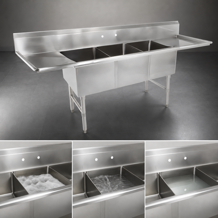 Product image #3 for John Boos B Series 3-Compartment Floor Model Stainless Steel Sink with Left and Right Drainboards