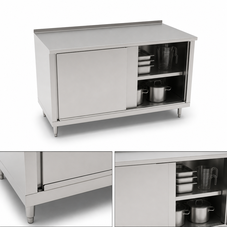 Product image #3 for John Boos 60"W x 30"D Stainless Steel Cabinet Base Work Table with Sliding Doors and 1-1/2" Rear Riser