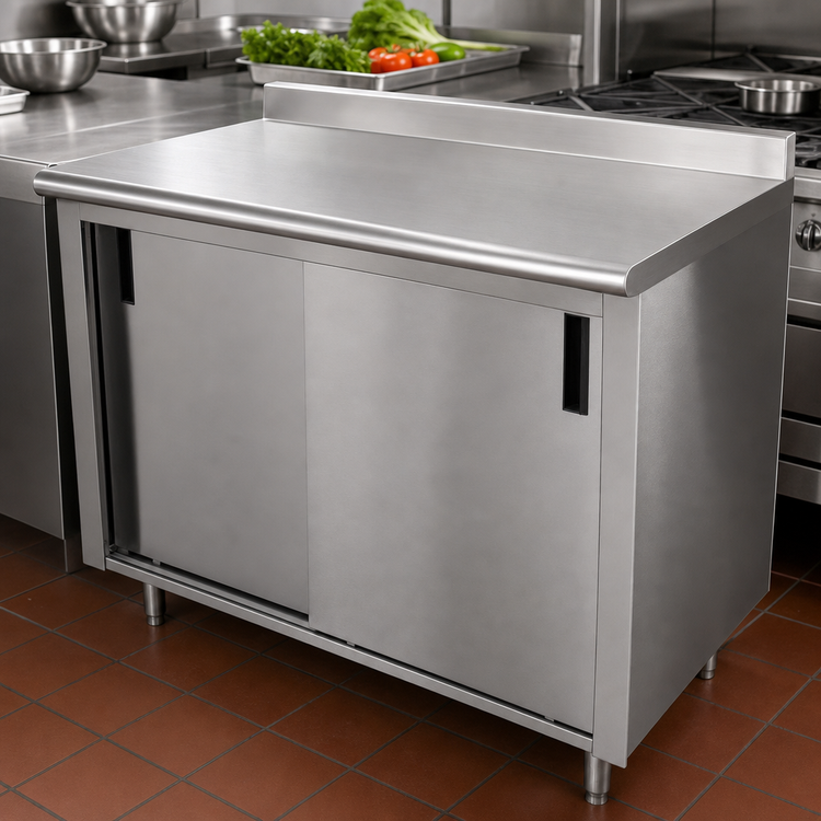 Product image #3 for Advance Tabco Enclosed Work Table with Cabinet Base and Sliding Doors, 96"W x 36"D, 14-Gauge 304 Stainless Steel Top, 1-1/2" Rear Up-Turn