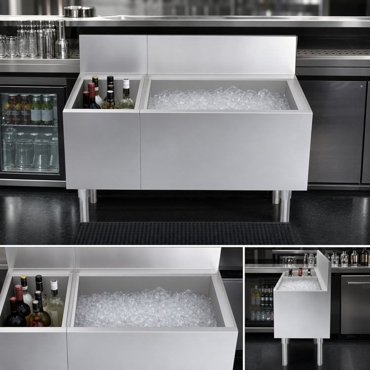 Product image #3 for Krowne Royal Series 36-Inch W x 19-Inch D Underbar Combination Ice Bin with Right Ice Bin, Left Bottle Storage, and 10-Circuit Cold Plate