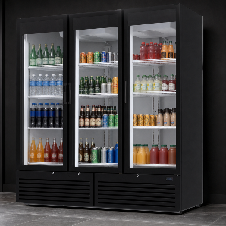 Product image #3 for Beverage-Air Marketeer MT72-1B Three-Section Reach-In Hinged Glass Door Refrigerated Merchandiser, 66.3 Cu. Ft., Black