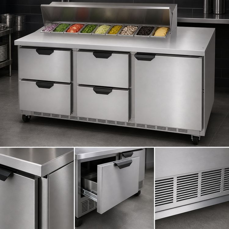 Product image #4 for Beverage-Air 72-Inch Three-Section Sandwich Prep Table Refrigerator with 12-Pan Top, 4 Drawers, and 1 Door