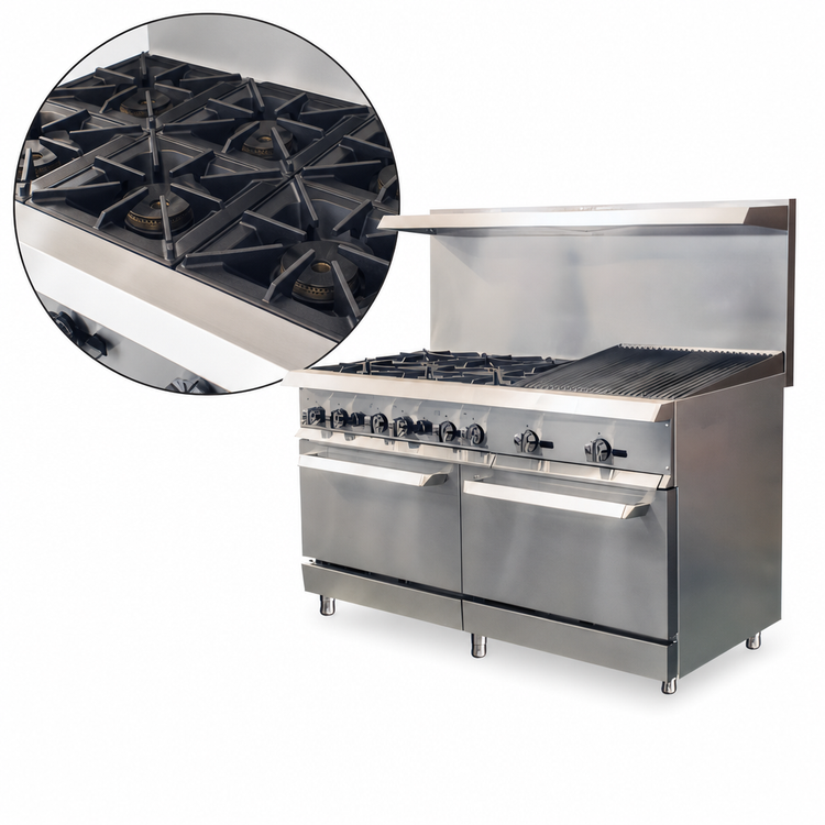 Product image #3 for IKON Cooking 60-Inch Natural Gas Commercial Range with 6 Burners, 24-Inch Radiant Broiler, and 2 Standard Ovens