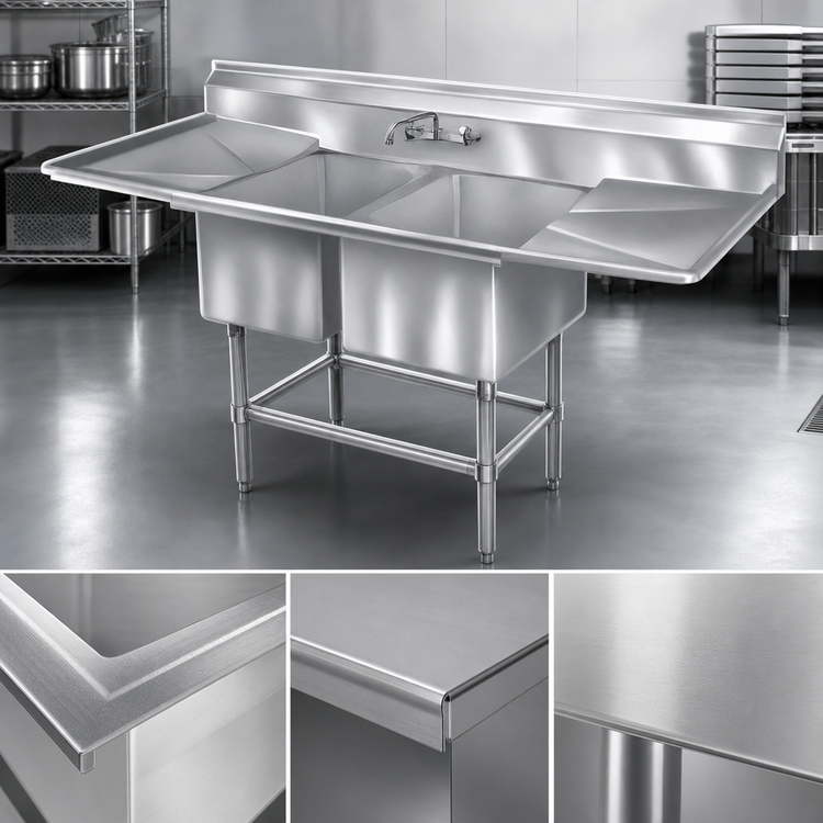 Product image #3 for Eagle Group Spec-Master FN Series Coved-Corner Two-Compartment Stainless Steel Sink with 30-Inch Drainboards on Both Sides