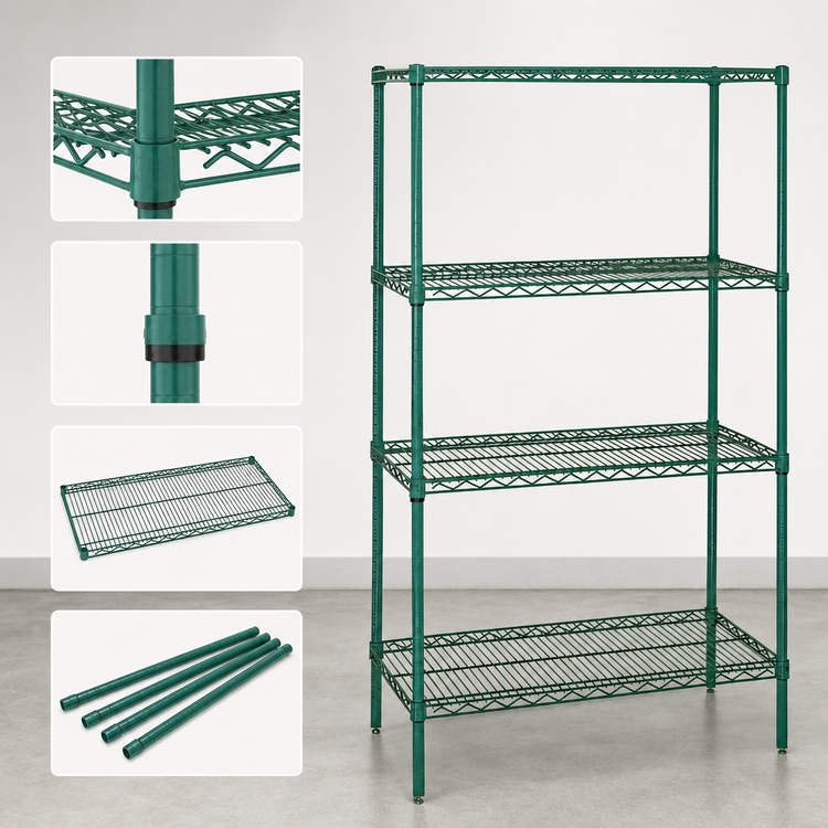 Product image #3 for Quantum Stationary Wire Shelving Starter Kit, 36 in W x 21 in D x 86 in H, 4 Shelves, Green Epoxy Finish