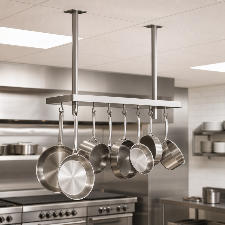 Product image #3 for John Boos Ceiling-Mounted Square Stainless Steel Pot Rack with 9 Double Hooks, 31-1/4 x 18 x 48 Inches
