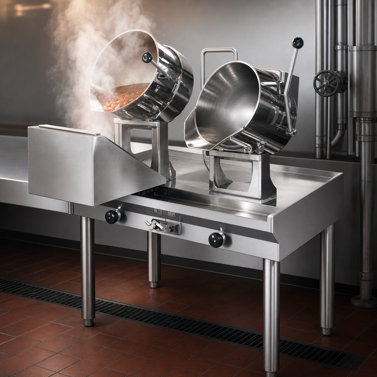 Product image #3 for Groen Direct Steam Kettle Cabinet Assembly with (2) 40-Quart Hand-Tilt Kettles, 63-Inch Stainless Steel Table