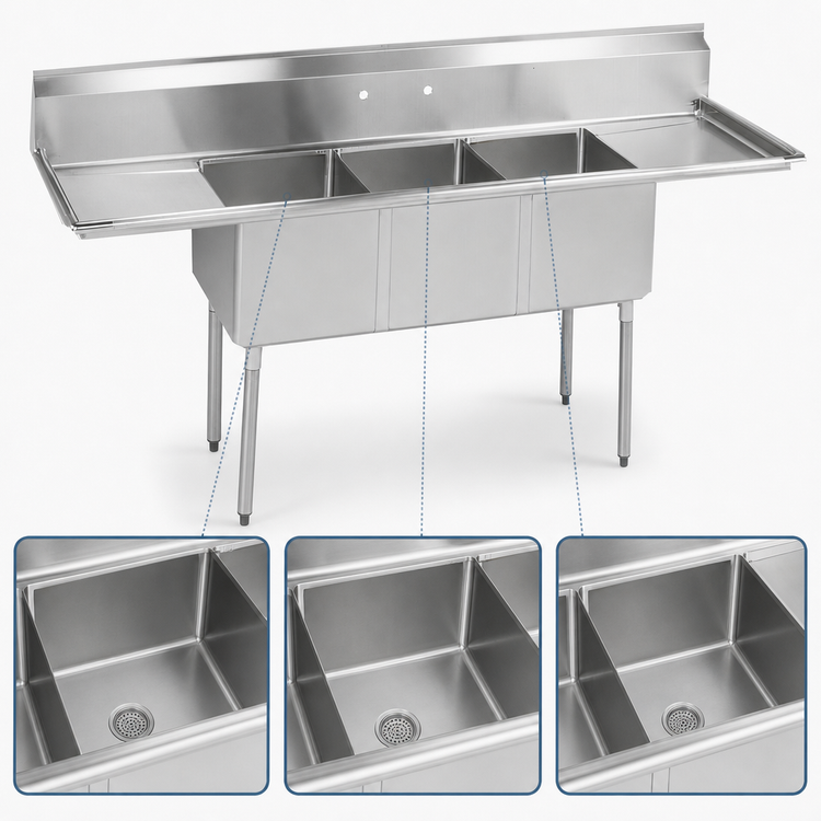 Product image #3 for BK Resources Three-Compartment Stainless Steel Sink with Left and Right Drainboards, 102 Inch