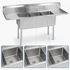 Thumbnail image #3 for BK Resources BKS-3-18-12-24TS Three-Compartment Stainless Steel Sink with Left & Right Drainboards, 102 Inch, 18 x 18 x 12 Inch Bowls