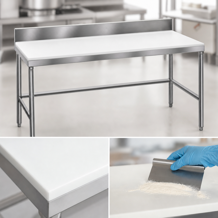 Product image #3 for Advance Tabco Poly-Top Work Table with Poly-Vance Top, 60 x 24 Inches, 5/8-Inch Thick, Stainless Steel Base, and 6-Inch Backsplash