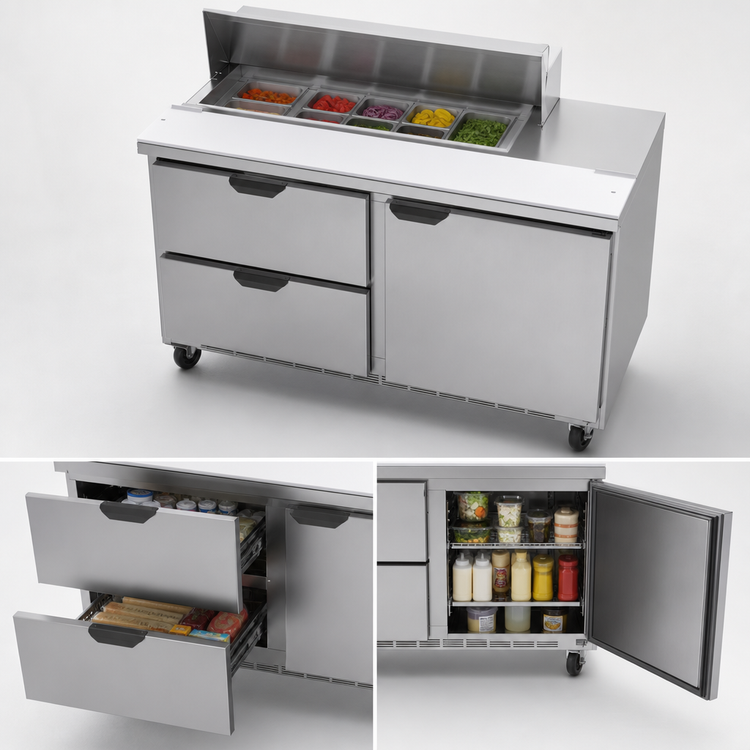 Product image #4 for Beverage-Air SPED48HC-08-2 48-Inch Two-Section Sandwich Top Refrigerated Counter, 13.0 Cu. Ft., 8 Pan Openings, 1 Door and 2 Drawers