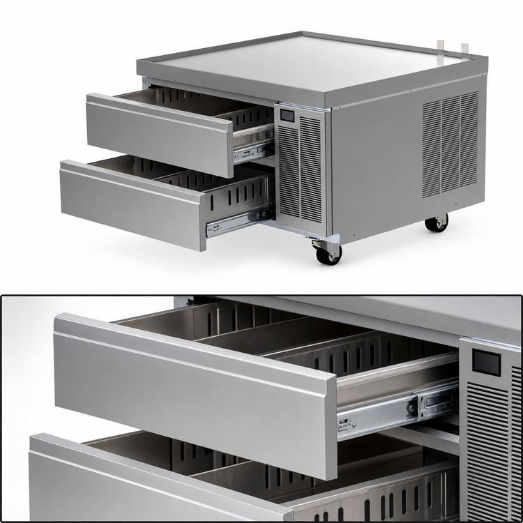 Product image #3 for Delfield Low-Profile Refrigerated Equipment Stand with 2 Drawers, 36-1/4-Inch Wide, Side-Mounted Refrigeration