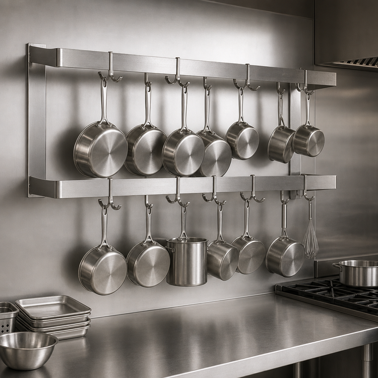Product image #3 for John Boos PRW27 144-Inch Wall-Mount Double-Bar Stainless Steel Pot Rack with 24 Hooks