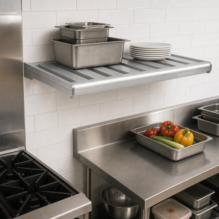 Product image #3 for New Age T-Bar Series Wall-Mounted Cantilever Shelf, 48"W x 24"D, Aluminum, 900 lb. Capacity
