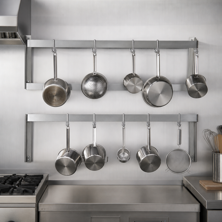 Product image #3 for Wall-Mount Double-Bar Stainless Steel Pot Rack with 10 Double Hooks, 60 Inch