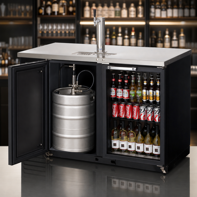 Product image #3 for Everest Refrigeration Two-Section Back Bar Beer Dispenser & Direct Draw Keg Refrigerator Combo, 20 Cu. Ft., Black, with Glass and Solid Hinged Doors