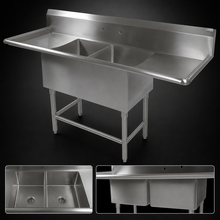 Product image #3 for John Boos Pro-Bowl Freestanding 2-Compartment Sink with Left and Right Drainboards, 16 x 20 Inch Bowls, 12-Inch Deep, 14-Gauge Stainless Steel