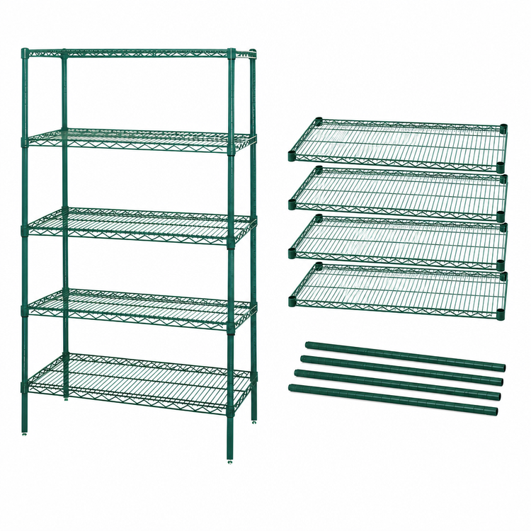 Product image #3 for Quantum 5-Shelf Stationary Wire Shelving Starter Kit, 48W x 14D x 74H, Green Epoxy Antimicrobial Finish