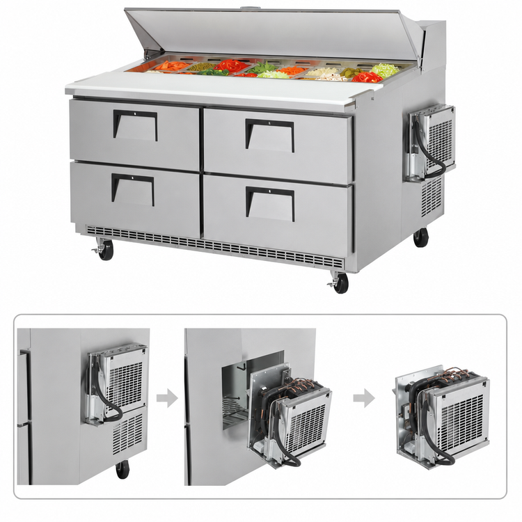 Product image #3 for Everest Refrigeration EPBNWR2-D4 Two-Section Sandwich Prep Table with Four Drawers and Rear-Mounted Self-Contained Refrigeration