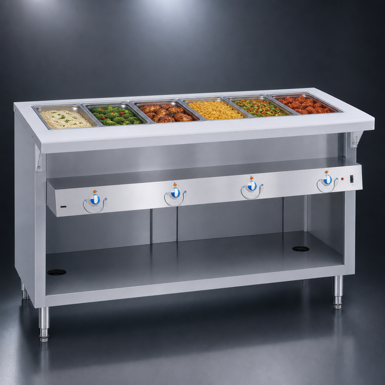 Product image #3 for Thurmaduke E-6-DLPG 6-Well Electric Steamtable Unit with Open Storage Base and Cutting Board