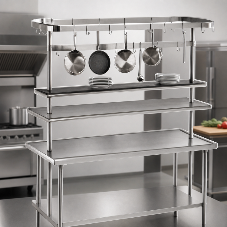 Product image #3 for Advance Tabco 72-Inch Table-Mounted Circular Stainless Steel Pot Rack with 18 Plated Hooks and Utensil Rack