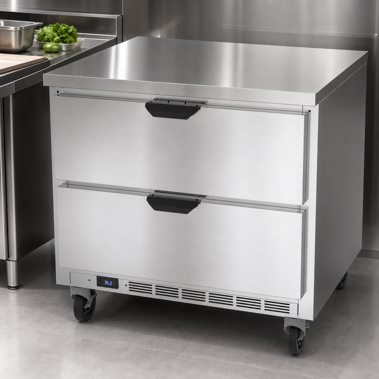 Product image #3 for Beverage-Air 36-Inch One-Section Worktop Drawer Refrigerator, Flat Top, 2 Drawers, Self-Contained R290, 8.5 Cu. Ft.