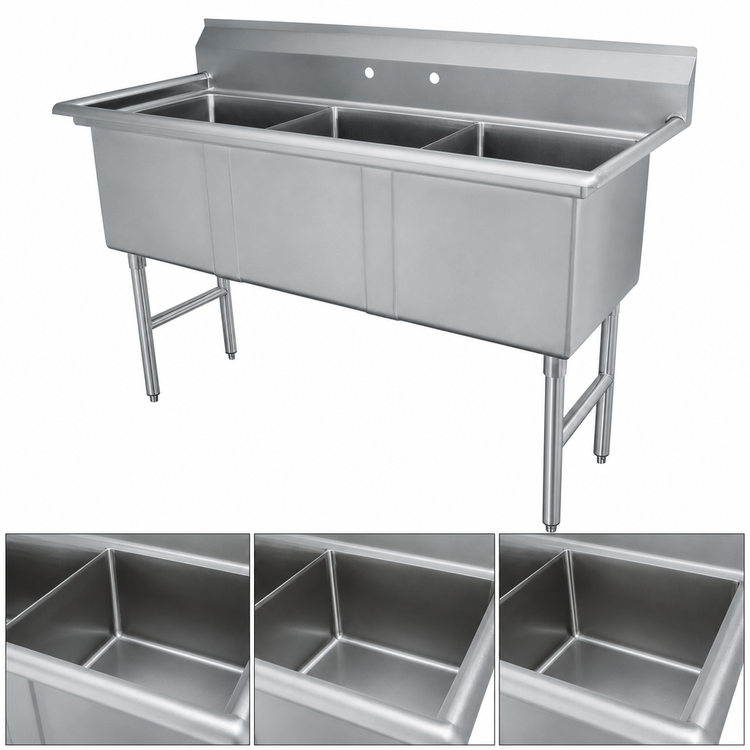 Product image #3 for Advance Tabco Special Value Series 3-Compartment Fabricated Sink with No Drainboards, 24 x 24 x 14 Inch Bowls