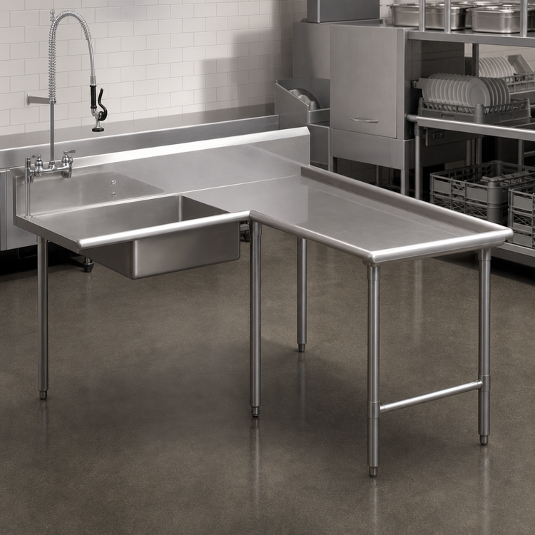 Product image #3 for John Boos Pro-Bowl 60" x 60" L-Shaped Island Soiled Dishtable with 20" x 20" Pre-Rinse Sink Bowl, Right-to-Left