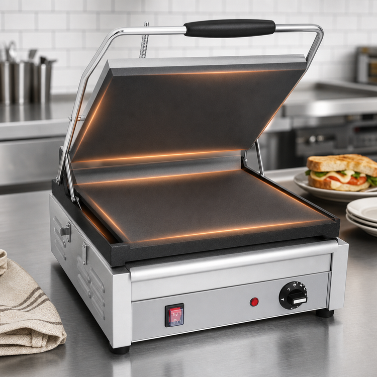 Product image #3 for Eurodib Single Countertop Panini Press with 14 x 10 Inch Cast Iron Smooth Top and Bottom Plates, 240V