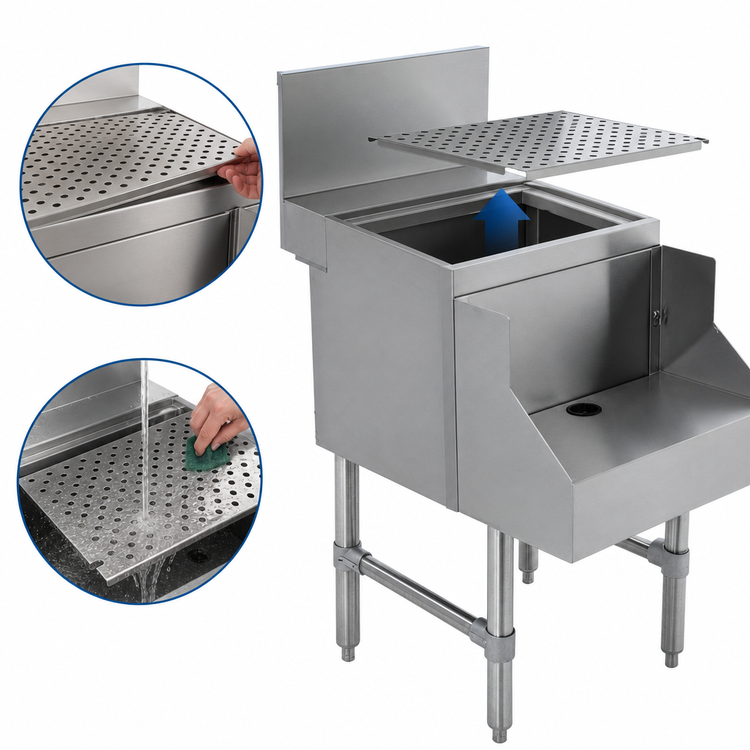 Product image #3 for Advance Tabco Prestige Supreme 18-Inch Freestanding Stainless Steel Blender Station with Drainboard Top, Recessed Shelf and Rear Deck
