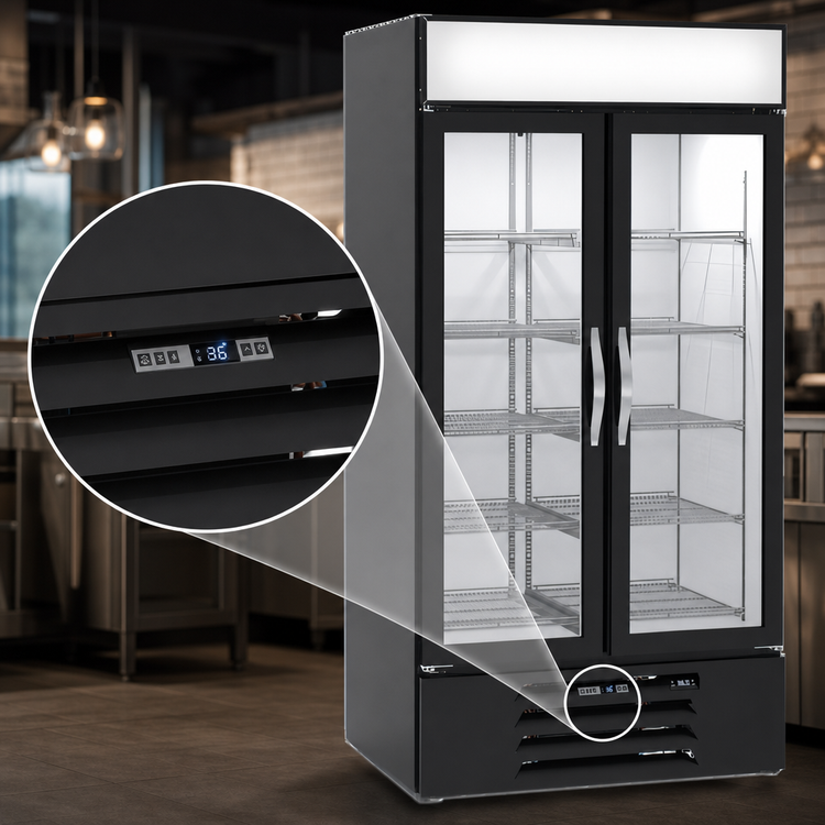 Product image #4 for Beverage-Air MarketMax Two-Section Reach-In Glass Door Merchandiser Refrigerator, 35.08 Cu. Ft., Black, Hinged Double Glass Doors