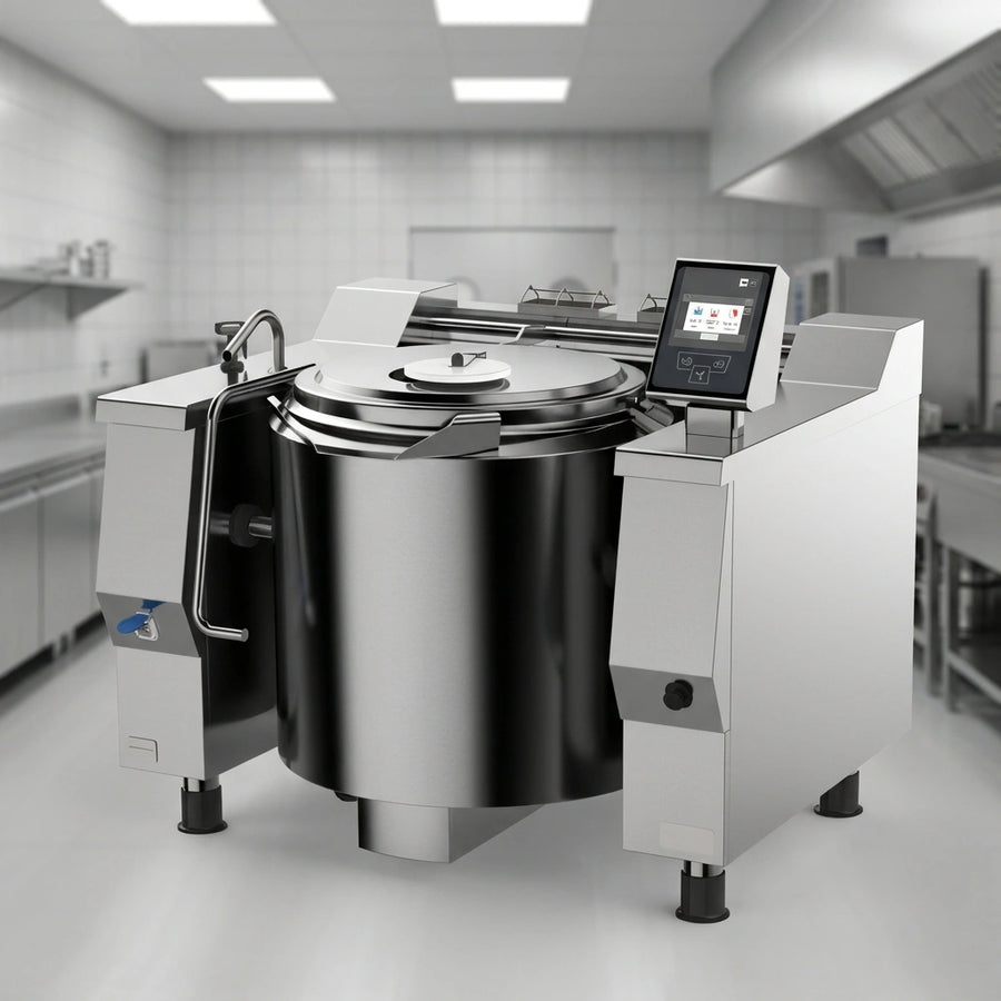 This image showcases the 122-gallon tilting kettle's robust, heavy-duty stainless steel construction designed for unparalleled durability in any commercial kitchen.
