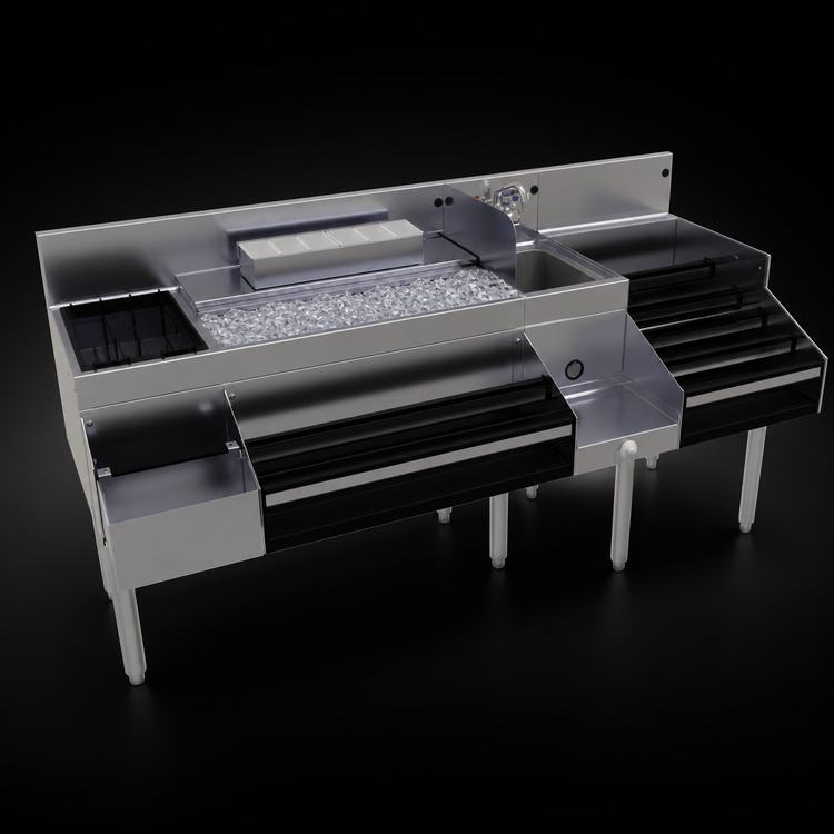 Product image #3 for Glastender 66-Inch All-In-One Underbar Ice Bin/Cocktail Station with 36-Inch Combo Ice Bin, 10-Circuit Cold Plate, Sink, Blender Shelf and Double Speed Rail