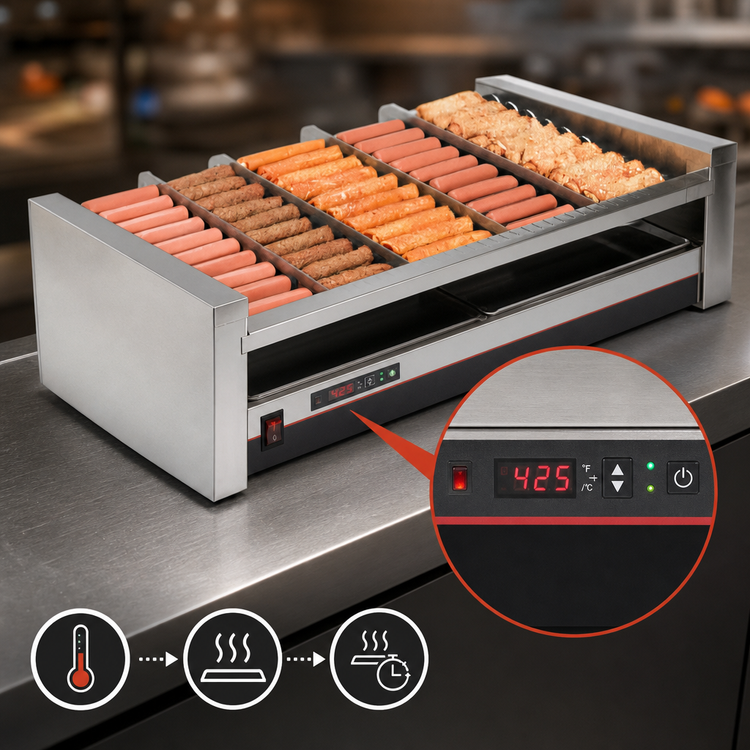 Product image #3 for Nemco Stainless Steel Digital Slanted Countertop Roller Grill with GripsIt Rollers, 30 Hot Dog Capacity