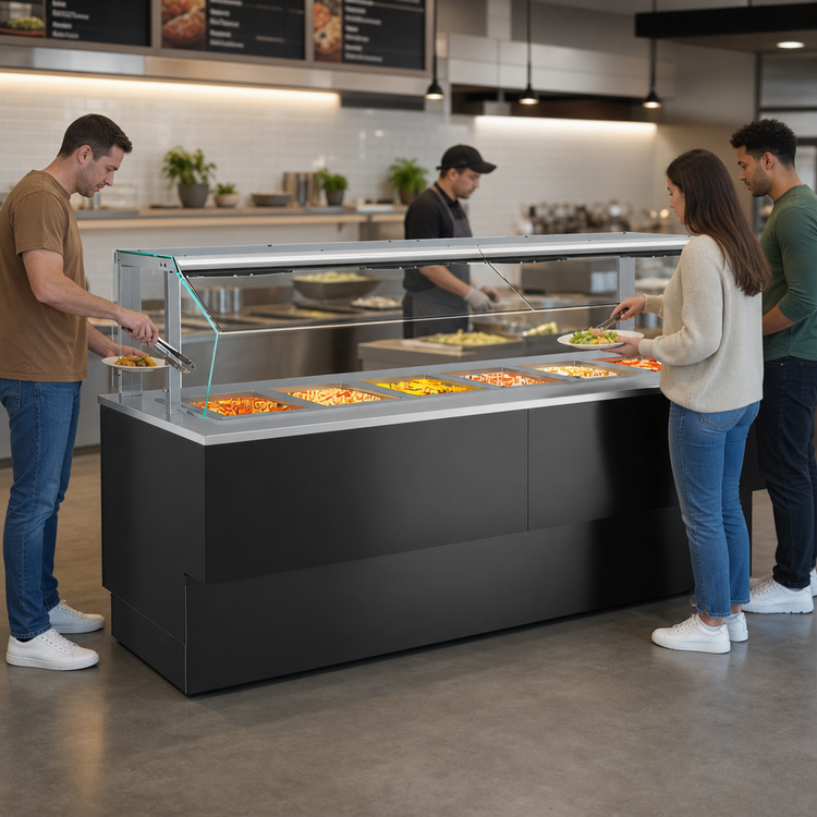 Product image #3 for Grocerant 125-Inch Self-Service Heated Food Bar with Glass Sneeze Guard and Rear Storage