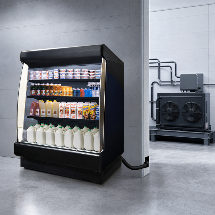 Product image #3 for Howard-McCray Low-Base Multi-Purpose Remote Open-Air Merchandiser, 51W x 34.5D x 60H, Black, 3-Tier Lit Shelves