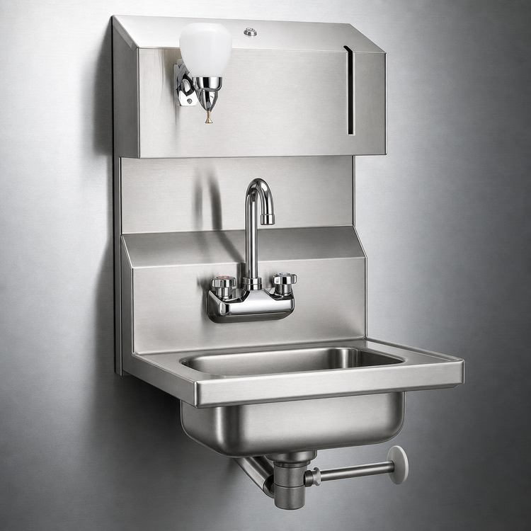 Product image #3 for Wall-Mounted 304 Stainless Steel Hand Sink with Towel & Soap Dispensers, Gooseneck Faucet, and Polymer Lever Drain with Overflow
