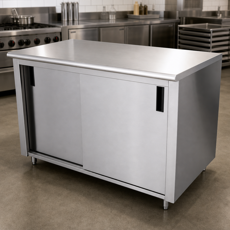 Product image #3 for Advance Tabco 120" x 24" Enclosed Work Table with Cabinet Base, Sliding Doors, Mid-Shelf, 14-Gauge 304 Stainless Steel Top