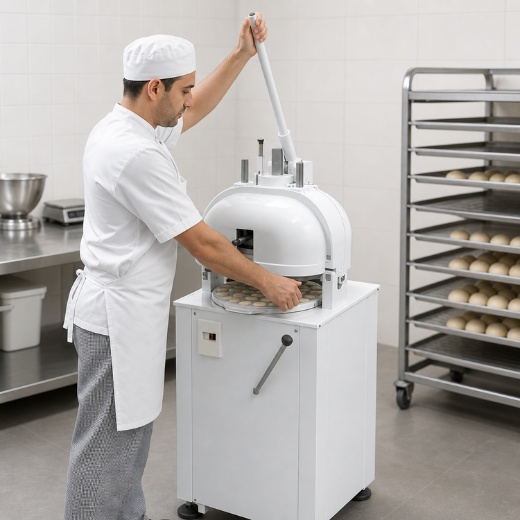 Product image #3 for Univex Semi-Automatic Floor Bun Divider/Rounder with 52-Division Trays, 0.42 - 1.41 oz Portions, 6,200 Pieces/Hour