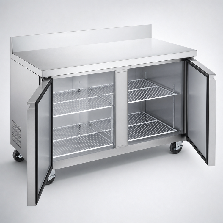 Product image #3 for Omcan USA 47 Inch Two-Section Worktop Freezer with Solid Doors, 11 Cu. Ft., Stainless Steel, Rear-Mounted Refrigeration