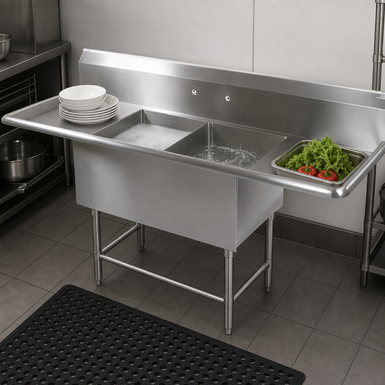Product image #3 for John Boos Pro-Bowl 2-Compartment Floor Model Stainless Steel Sink with Dual Drainboards and 10-Inch Backsplash