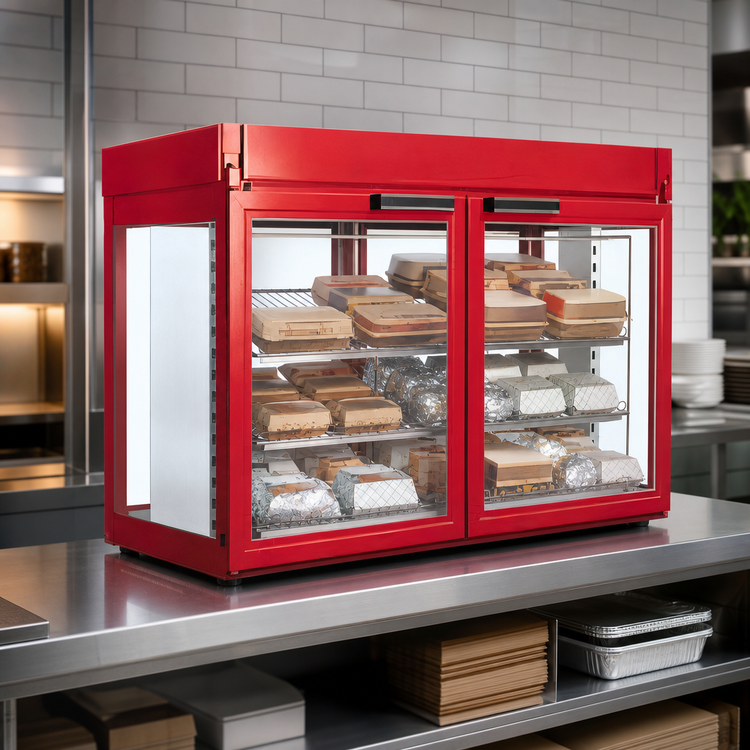 Product image #3 for Hatco Flav-R-Savor 48-Inch Large Capacity Non-Humidified Countertop Hot Food Merchandising Cabinet with 2 French Doors and 3-Shelf Rack