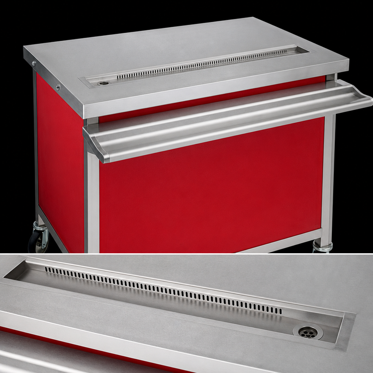 Product image #3 for Director's Choice Mobile 304 Stainless Steel Beverage Counter with Full-Length Drip Trough, 50 Inch x 30 Inch