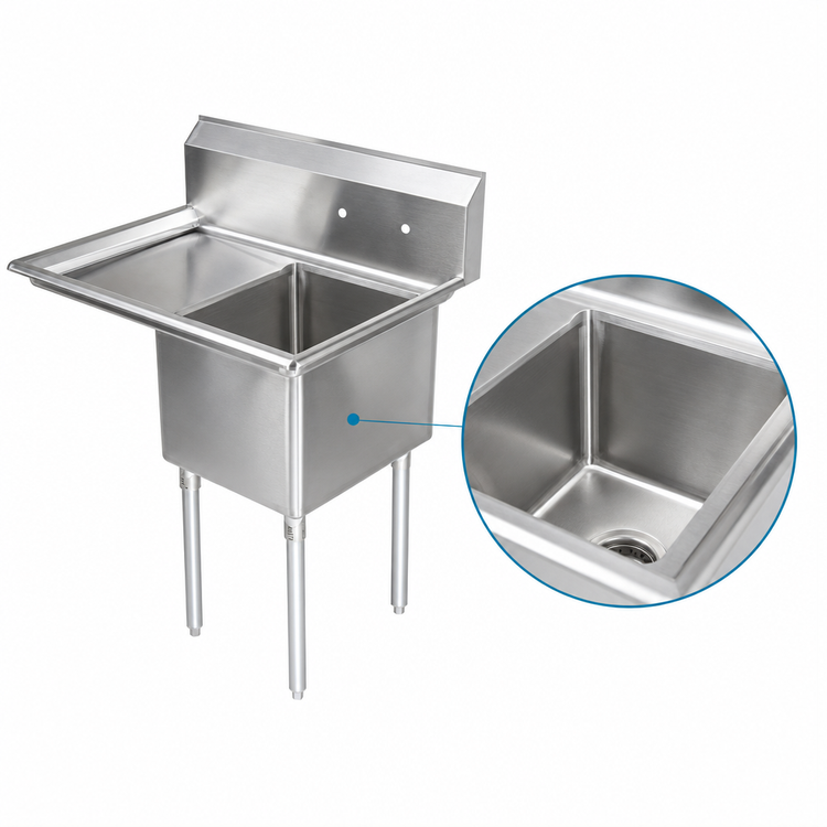 Product image #3 for Serv-Ware Economy Series 1-Compartment 18" x 18" x 12" Stainless Steel Commercial Sink with Backsplash and Legs